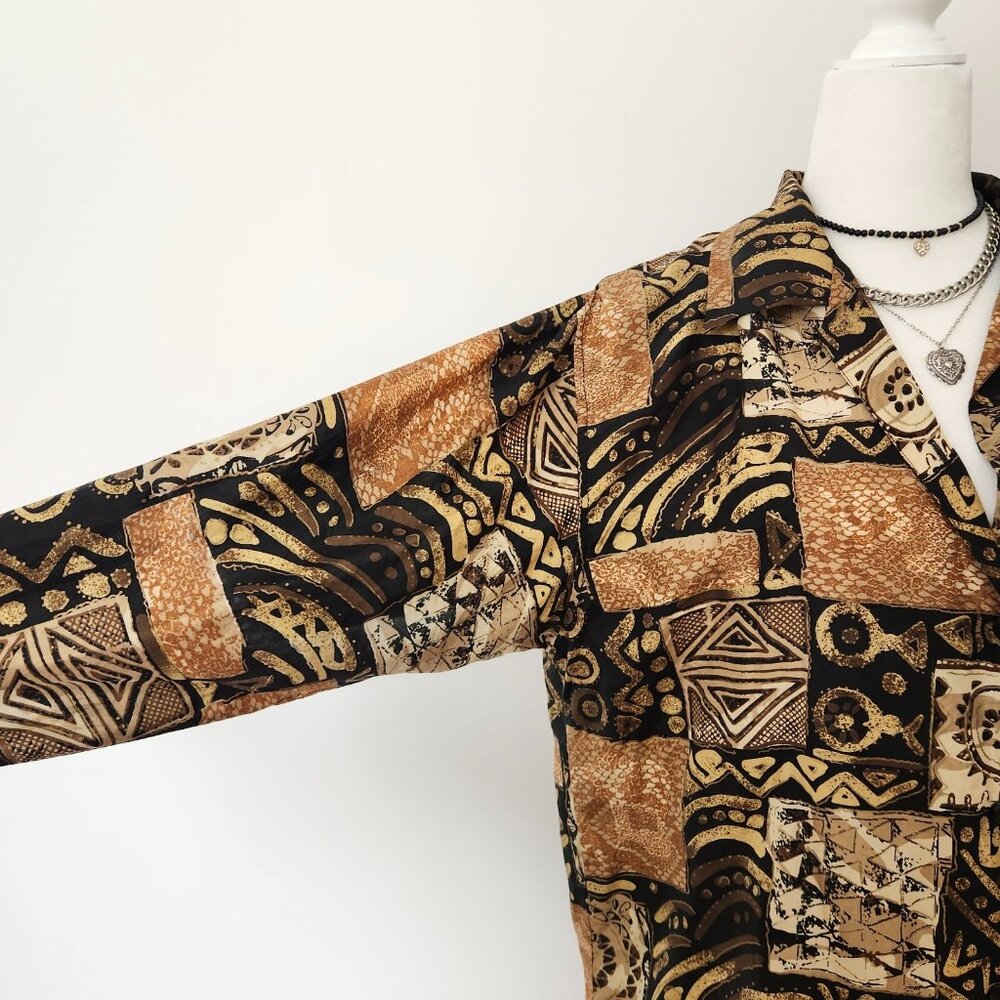 Vintage Gold Silk Blouse Medium Tribal Print Funky Multi Silk Ncounters 80s 90s - Picture 14 of 14